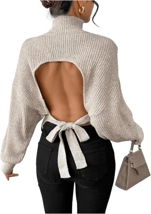 GORGLITTER Women's Bow Sweater Open Tie Back Long Sleeve Mock Neck Backless Pullover Top Fall Fashion 2024