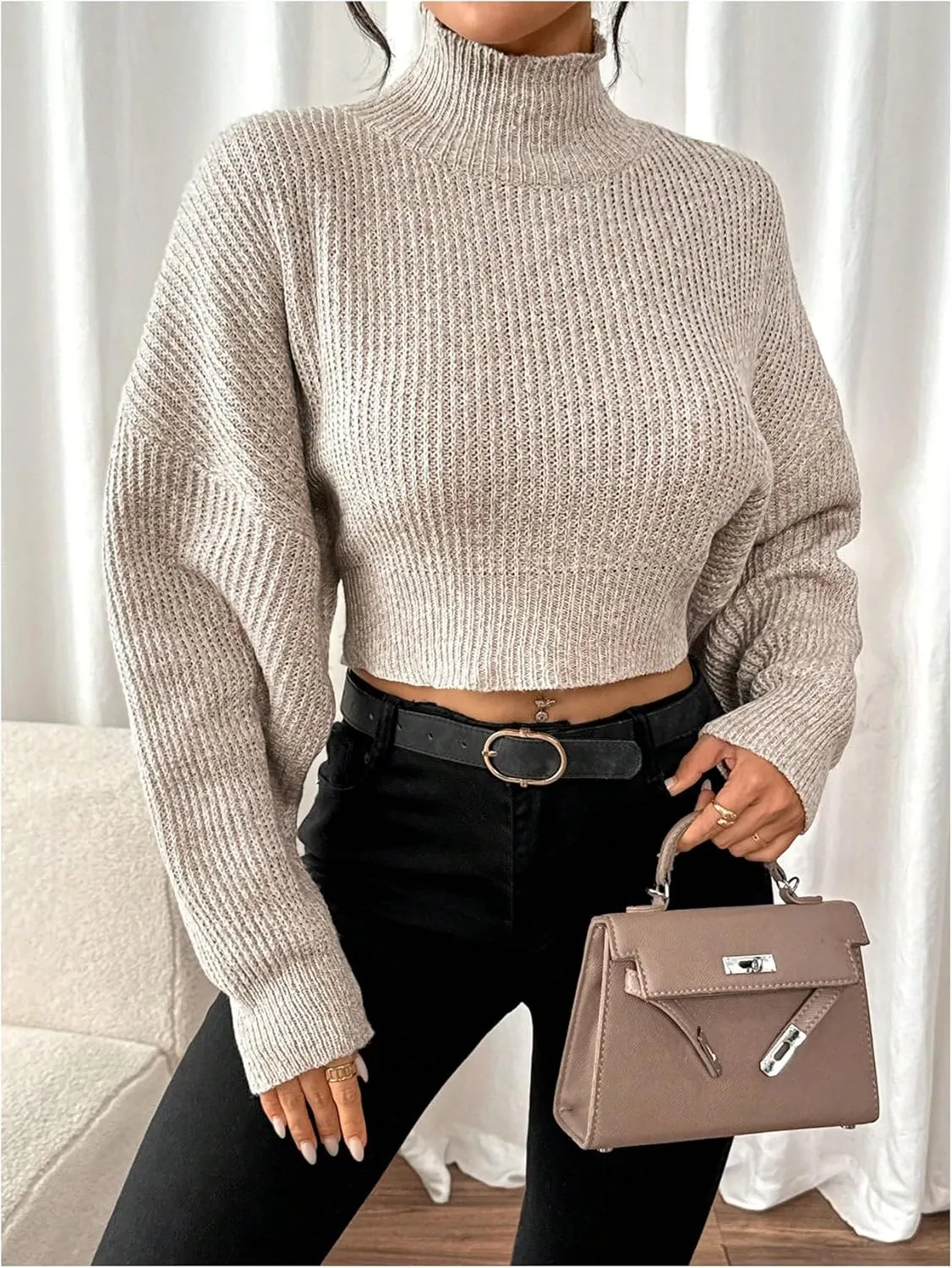 GORGLITTER Women's Bow Sweater Open Tie Back Long Sleeve Mock Neck Backless Pullover Top Fall Fashion 2024