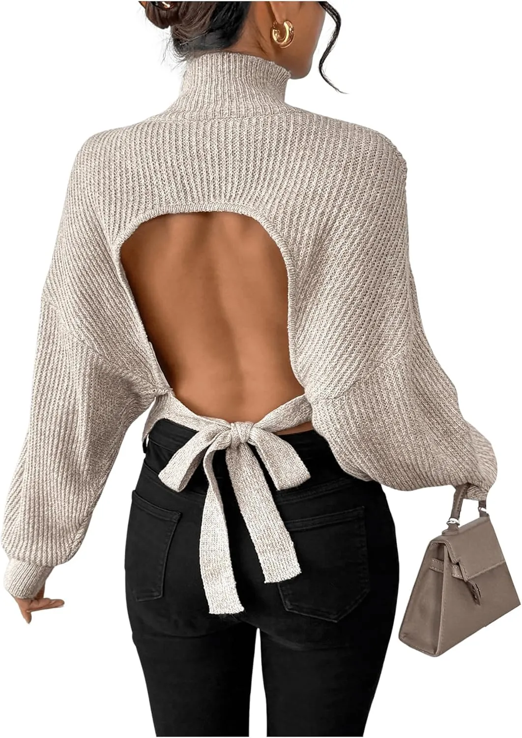GORGLITTER Women's Bow Sweater Open Tie Back Long Sleeve Mock Neck Backless Pullover Top Fall Fashion 2024
