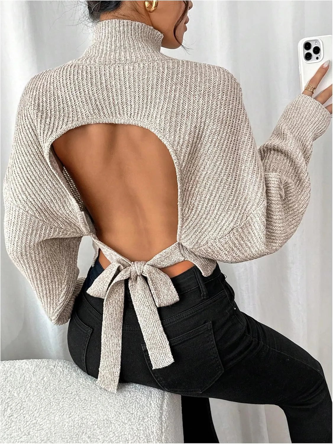 GORGLITTER Women's Bow Sweater Open Tie Back Long Sleeve Mock Neck Backless Pullover Top Fall Fashion 2024