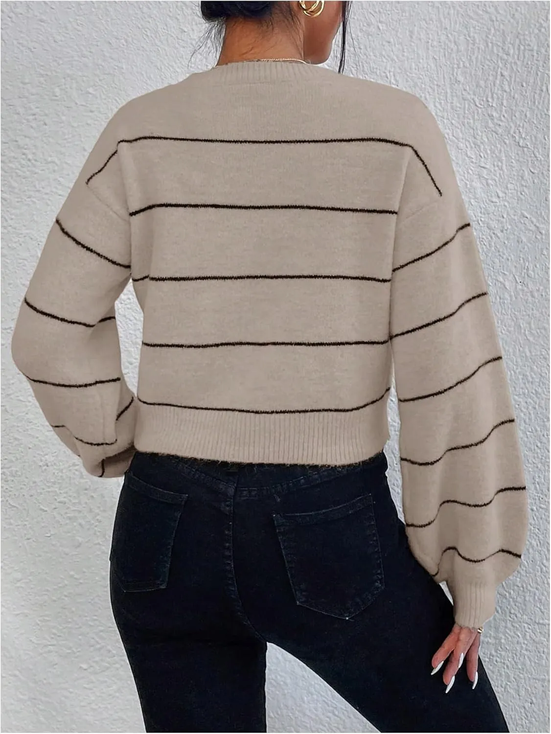 GORGLITTER Women's Striped Long Sleeve Sweaters Round Neck Drop Shoulder Pullover Crop Tops