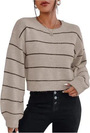 GORGLITTER Women's Striped Long Sleeve Sweaters Round Neck Drop Shoulder Pullover Crop Tops