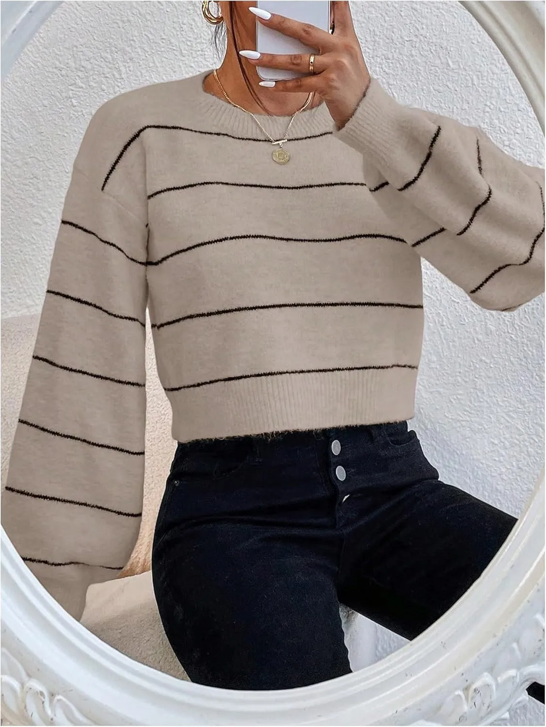GORGLITTER Women's Striped Long Sleeve Sweaters Round Neck Drop Shoulder Pullover Crop Tops