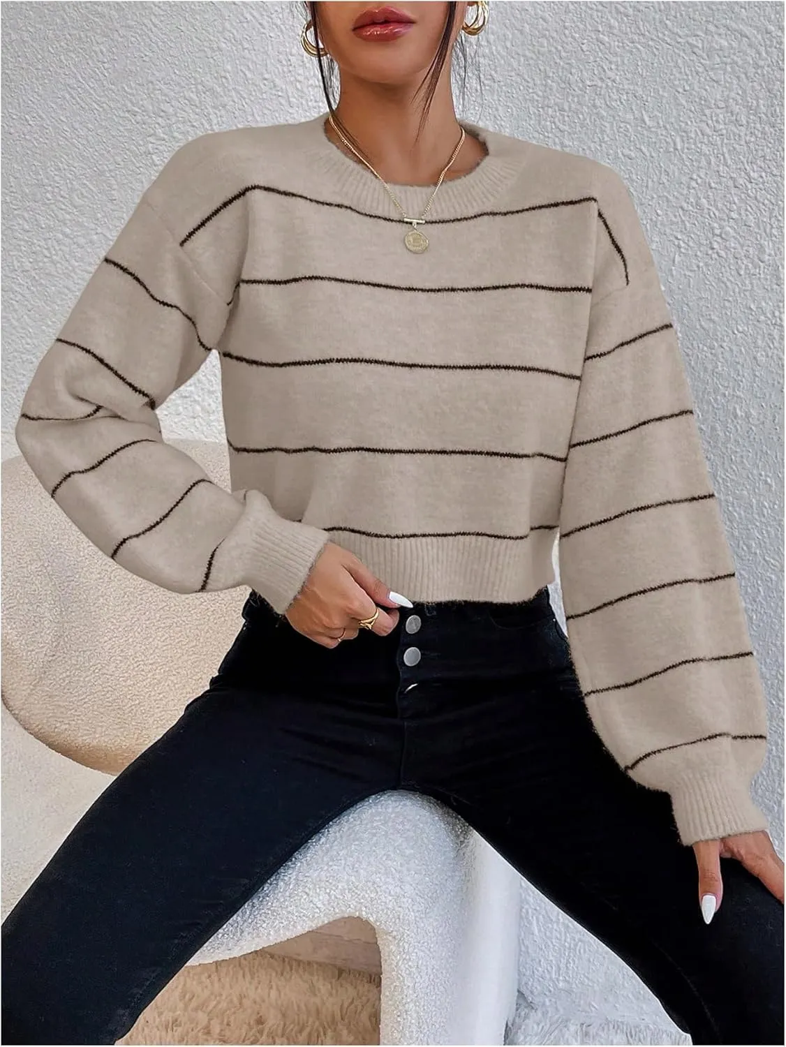 GORGLITTER Women's Striped Long Sleeve Sweaters Round Neck Drop Shoulder Pullover Crop Tops