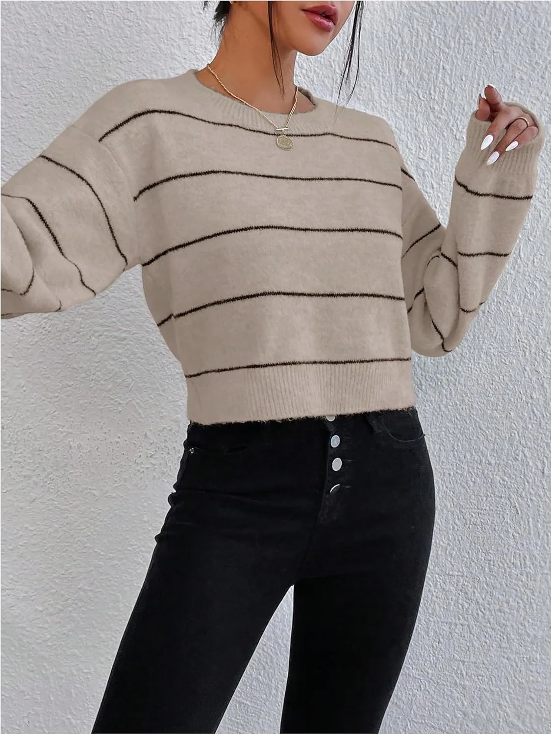 GORGLITTER Women's Striped Long Sleeve Sweaters Round Neck Drop Shoulder Pullover Crop Tops
