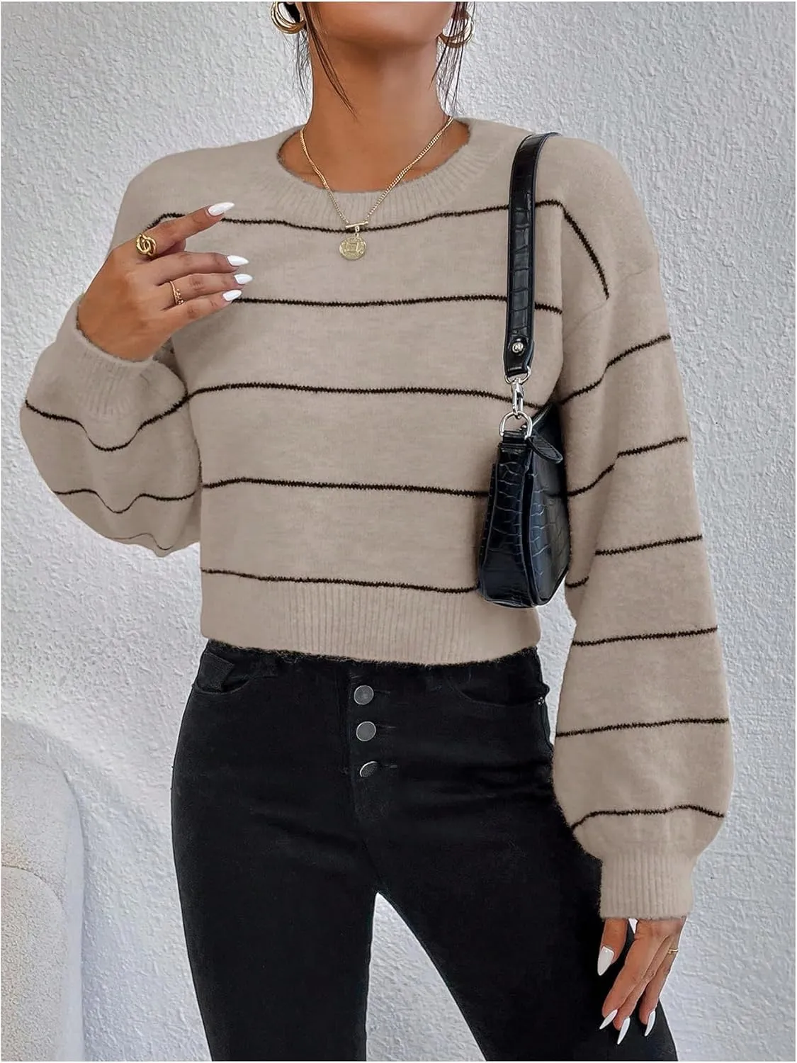 GORGLITTER Women's Striped Long Sleeve Sweaters Round Neck Drop Shoulder Pullover Crop Tops