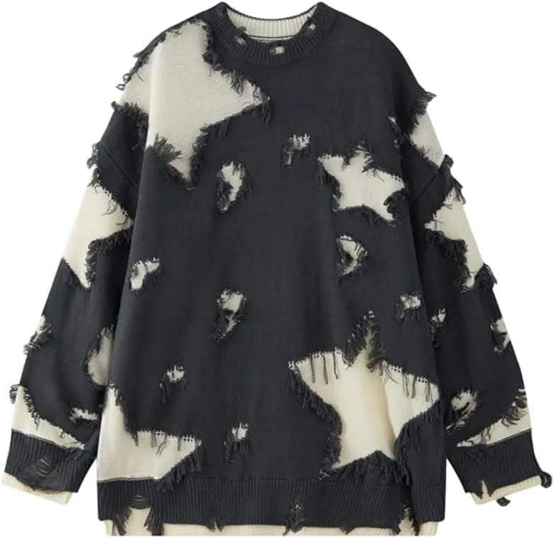 Gothic Sweater Emo Sweater Y2k Star Womens Men Punk Loose Oversized Ripped Pullover Knit Sweaters Emo Cloth Gothic Clothes