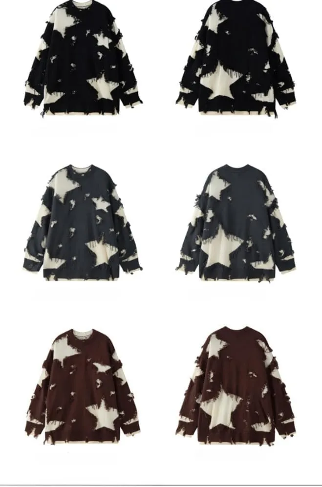 Gothic Sweater Emo Sweater Y2k Star Womens Men Punk Loose Oversized Ripped Pullover Knit Sweaters Emo Cloth Gothic Clothes