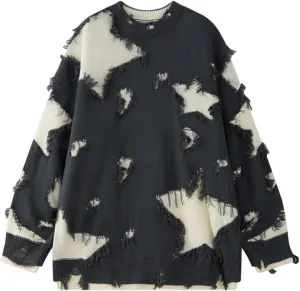 Gothic Sweater Emo Sweater Y2k Star Womens Men Punk Loose Oversized Ripped Pullover Knit Sweaters Emo Cloth Gothic Clothes