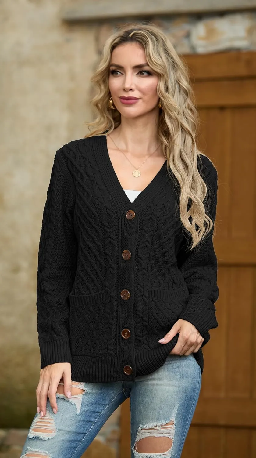 GRECERELLE Women 2024 Fall Long Sleeve Cable Knit Sweater Button Open Front Cardigan Loose Outerwear Coat with Pockets