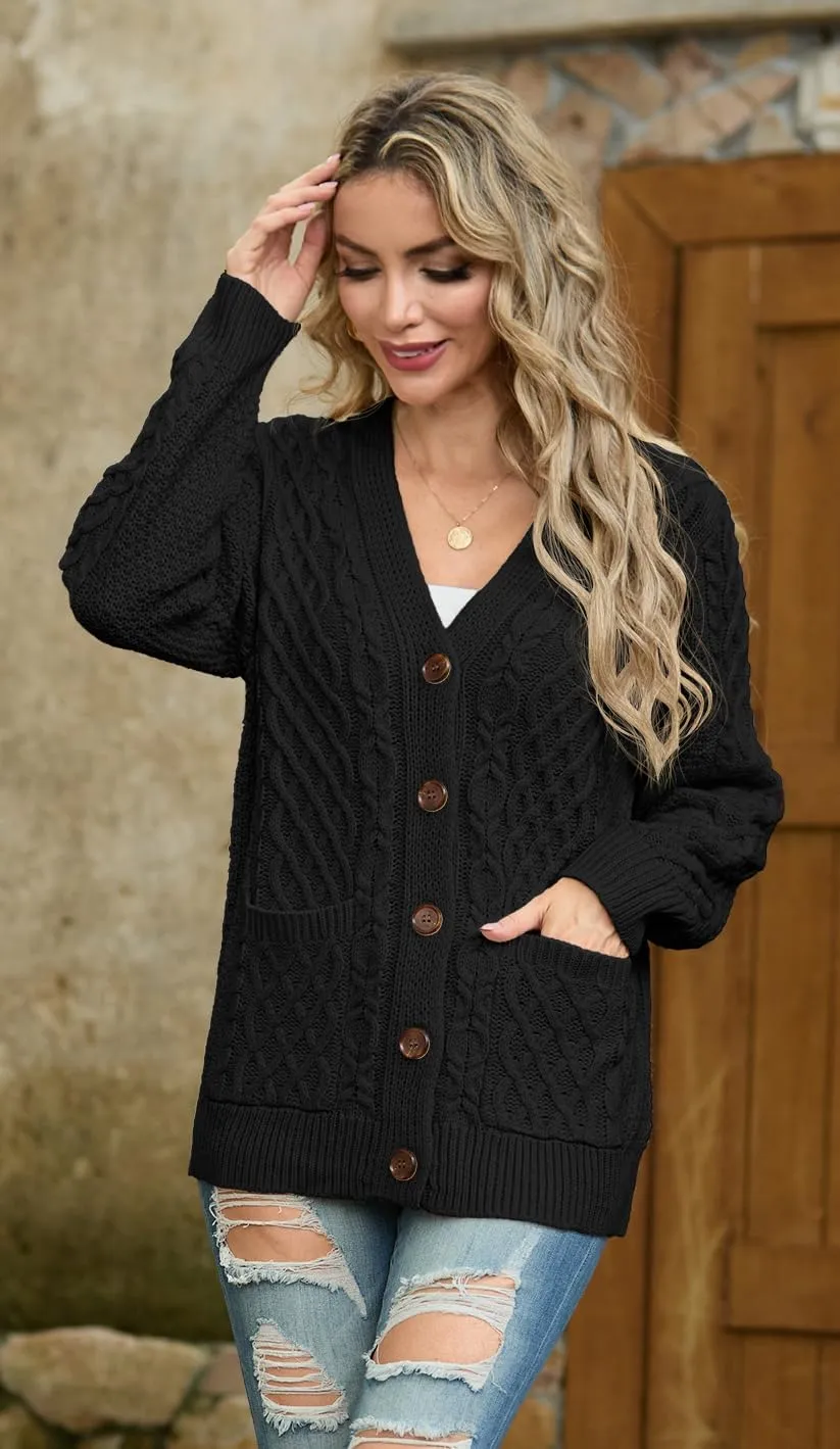 GRECERELLE Women 2024 Fall Long Sleeve Cable Knit Sweater Button Open Front Cardigan Loose Outerwear Coat with Pockets