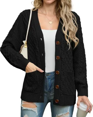 GRECERELLE Women 2024 Fall Long Sleeve Cable Knit Sweater Button Open Front Cardigan Loose Outerwear Coat with Pockets