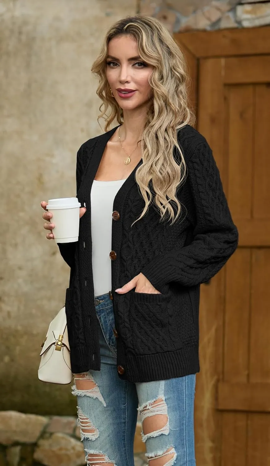 GRECERELLE Women 2024 Fall Long Sleeve Cable Knit Sweater Button Open Front Cardigan Loose Outerwear Coat with Pockets