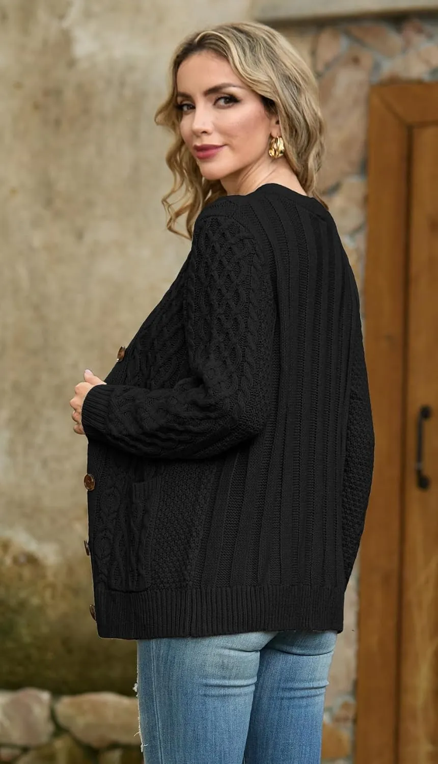 GRECERELLE Women 2024 Fall Long Sleeve Cable Knit Sweater Button Open Front Cardigan Loose Outerwear Coat with Pockets