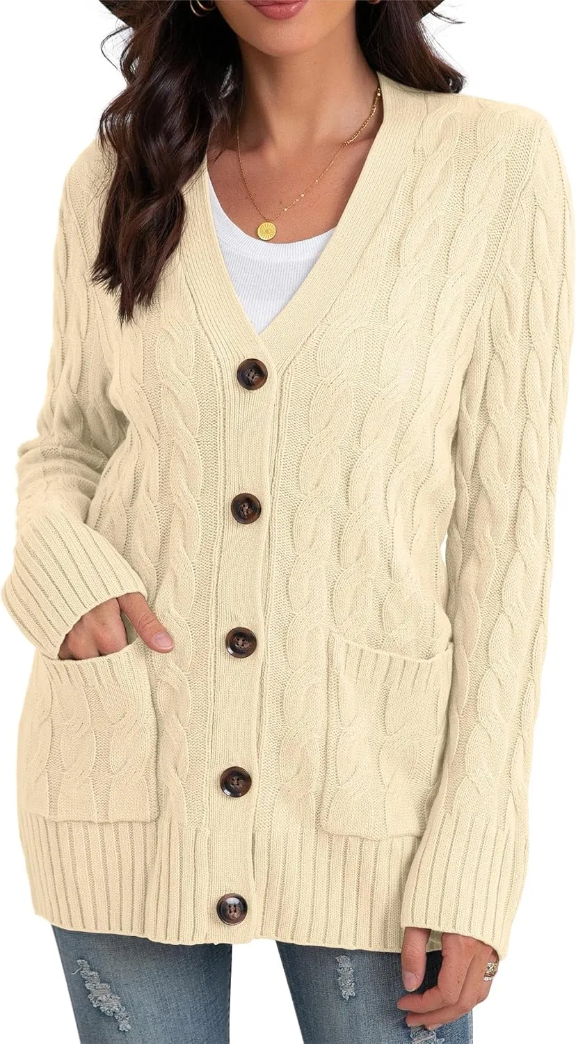 GRECERELLE Women's Long Sleeve Loose Knit Cable Open Front Button Down Cardigan Sweater Outerwear Coat with Pockets