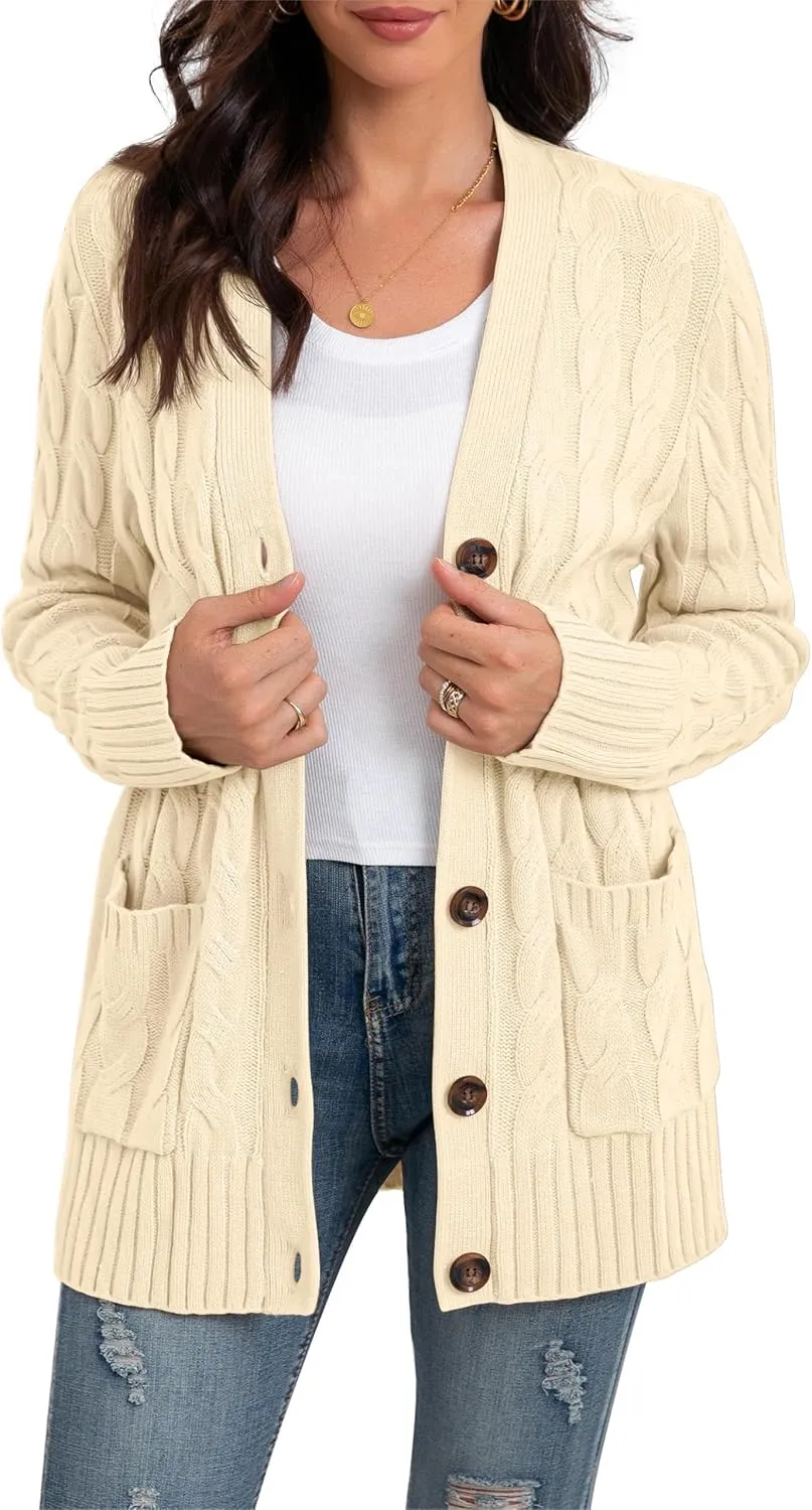 GRECERELLE Women's Long Sleeve Loose Knit Cable Open Front Button Down Cardigan Sweater Outerwear Coat with Pockets