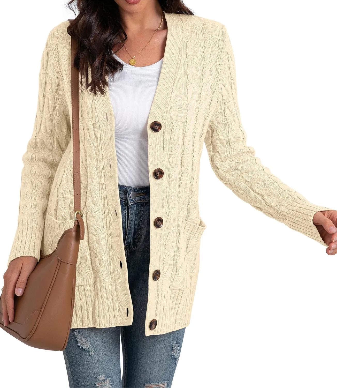 GRECERELLE Women's Long Sleeve Loose Knit Cable Open Front Button Down Cardigan Sweater Outerwear Coat with Pockets