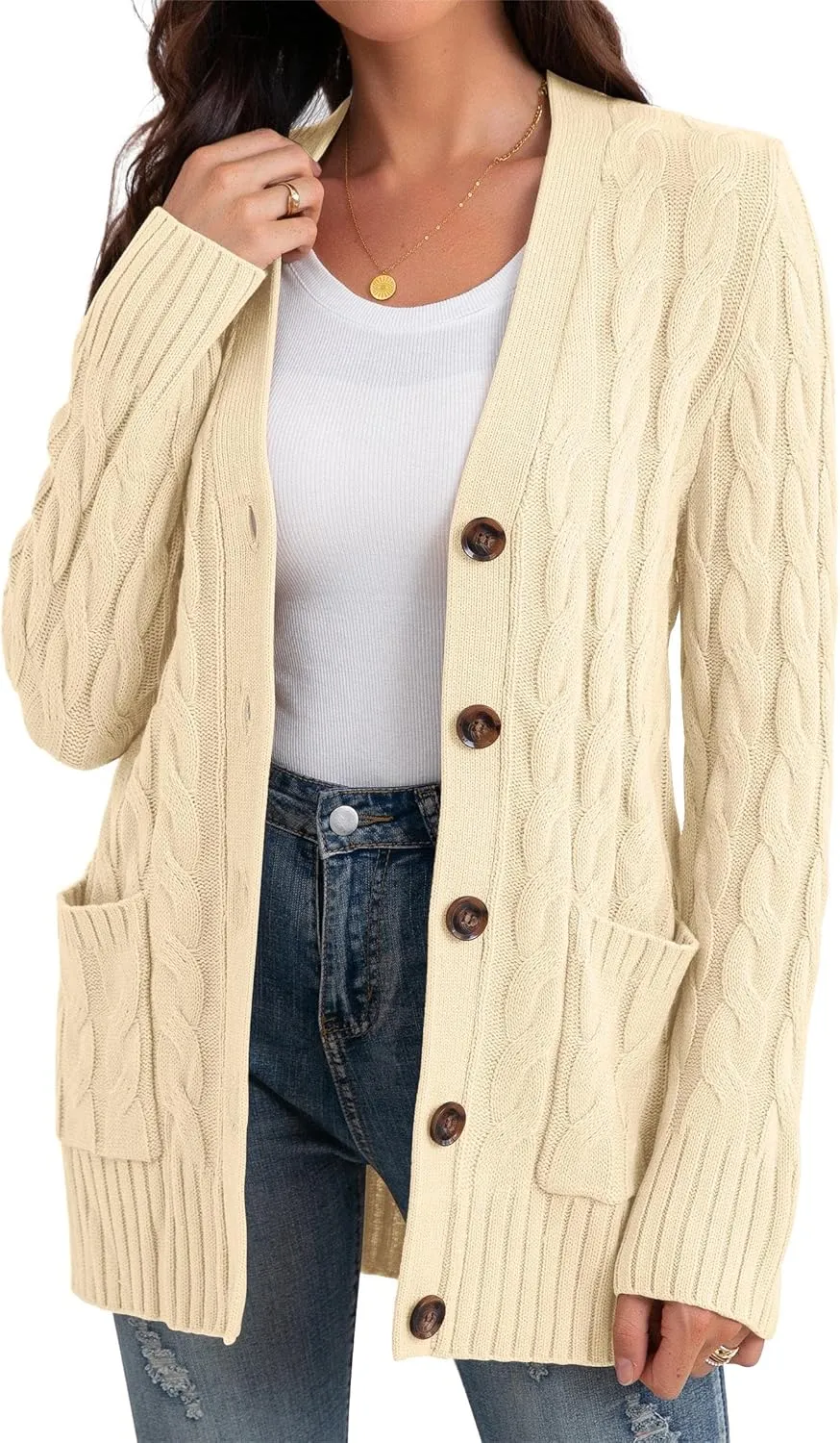 GRECERELLE Women's Long Sleeve Loose Knit Cable Open Front Button Down Cardigan Sweater Outerwear Coat with Pockets