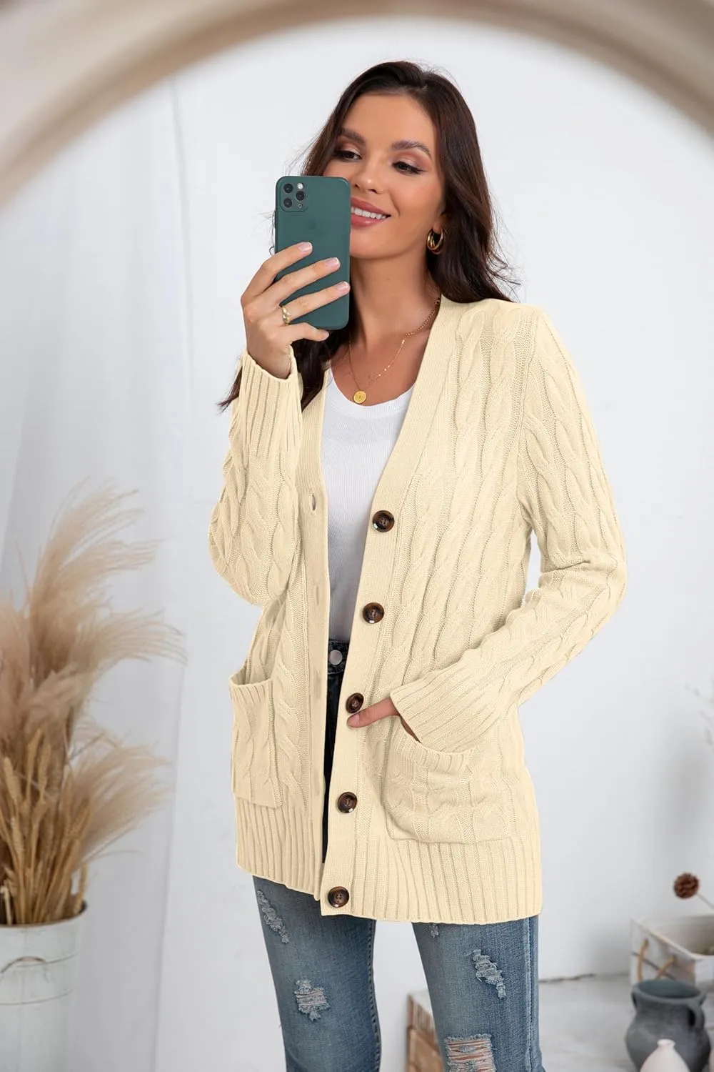 GRECERELLE Women's Long Sleeve Loose Knit Cable Open Front Button Down Cardigan Sweater Outerwear Coat with Pockets