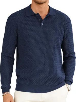 Hardaddy Men's Knit Polo Shirts Long Sleeve Button Up Pullover Sweater Textured Casual Collared Tops