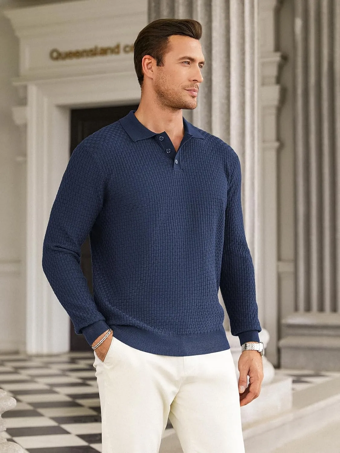 Hardaddy Men's Knit Polo Shirts Long Sleeve Button Up Pullover Sweater Textured Casual Collared Tops