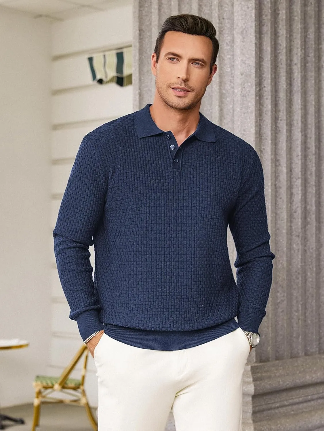 Hardaddy Men's Knit Polo Shirts Long Sleeve Button Up Pullover Sweater Textured Casual Collared Tops