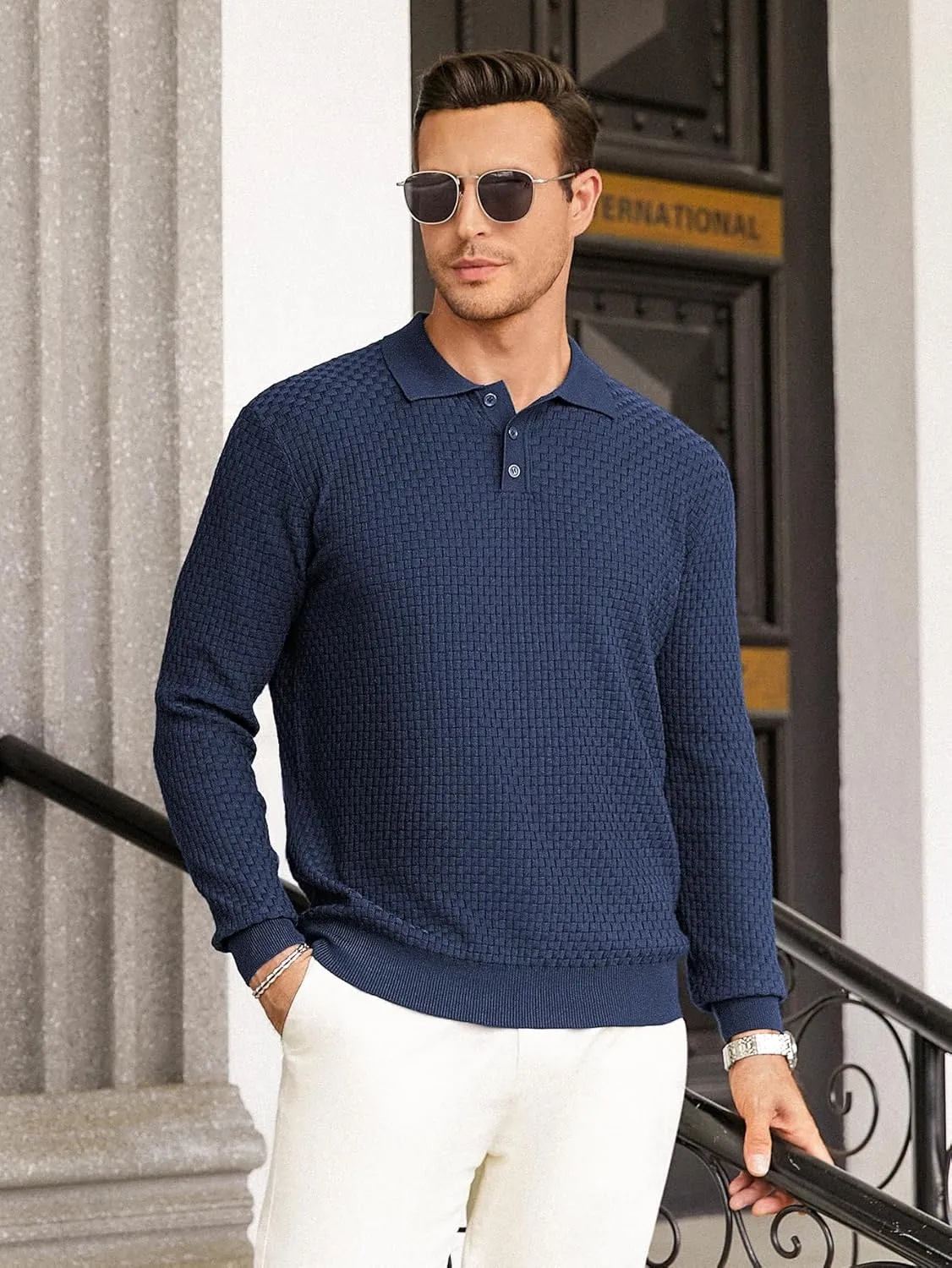 Hardaddy Men's Knit Polo Shirts Long Sleeve Button Up Pullover Sweater Textured Casual Collared Tops