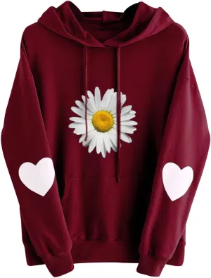 Heevina Hoodie Women Hoodies For Women Daisy Heart Flower Sunflower Printed Hooded Pockets Pullover Sweatshirts Top