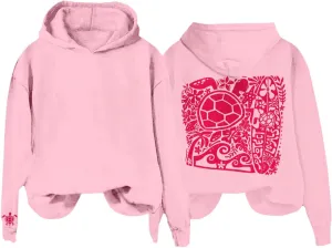 Heevina Pink Palm Puff Hoodie Women Turtle Starfish Surfboard Floral Top Hooded Sweatshirt