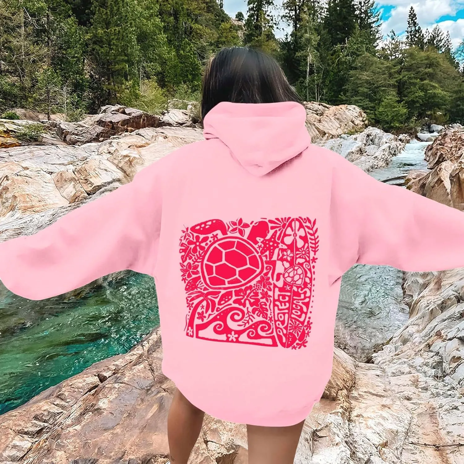 Heevina Pink Palm Puff Hoodie Women Turtle Starfish Surfboard Floral Top Hooded Sweatshirt