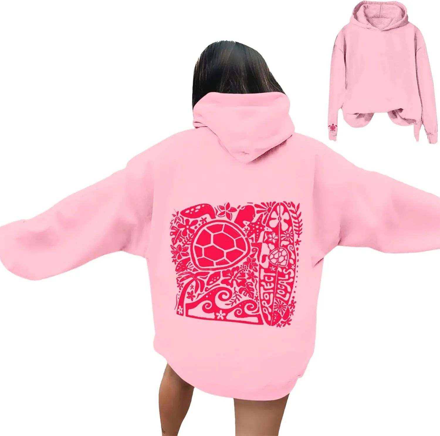 Heevina Pink Palm Puff Hoodie Women Turtle Starfish Surfboard Floral Top Hooded Sweatshirt