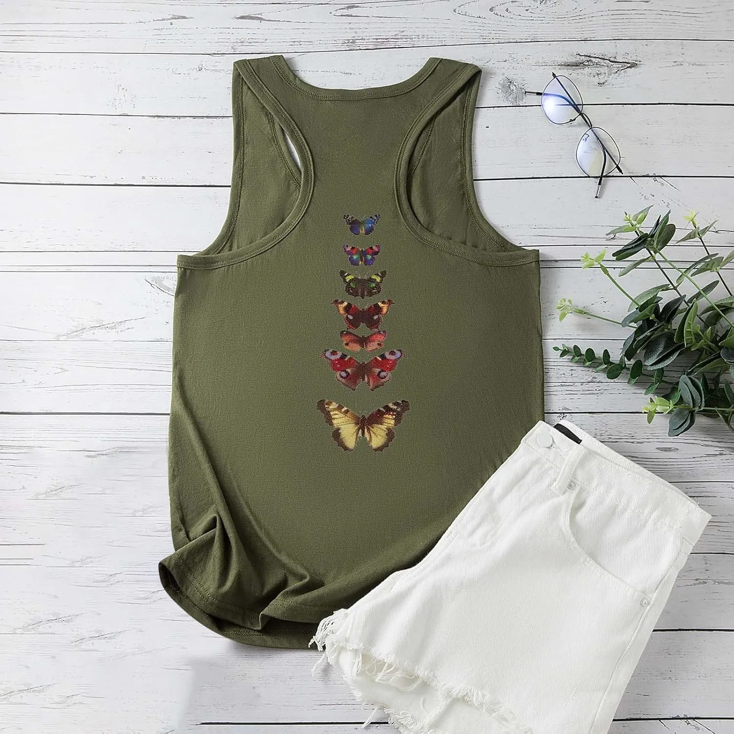HGps8w Racerback Tank Tops for Women Back Butterfly Printed Loose Fit Sleeveless Summer Chic Yoga Workout Camisole Shirts