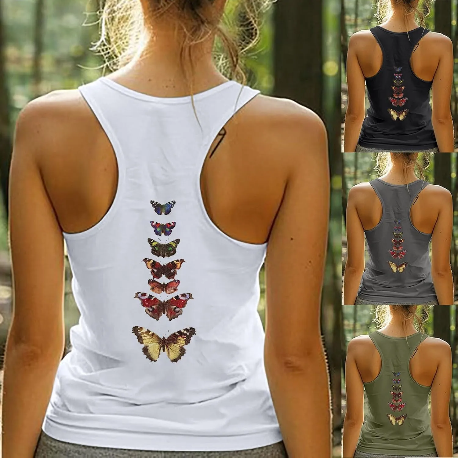 HGps8w Racerback Tank Tops for Women Back Butterfly Printed Loose Fit Sleeveless Summer Chic Yoga Workout Camisole Shirts