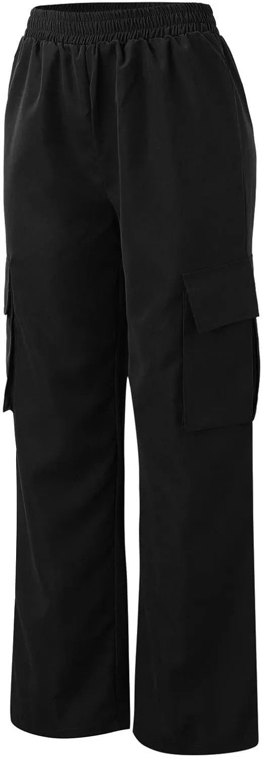 High Waisted Cargo Pants Women Elastic Waist Straight Wide Leg Trousers with Pockets Solid Color Casual Work Pants Plus Size