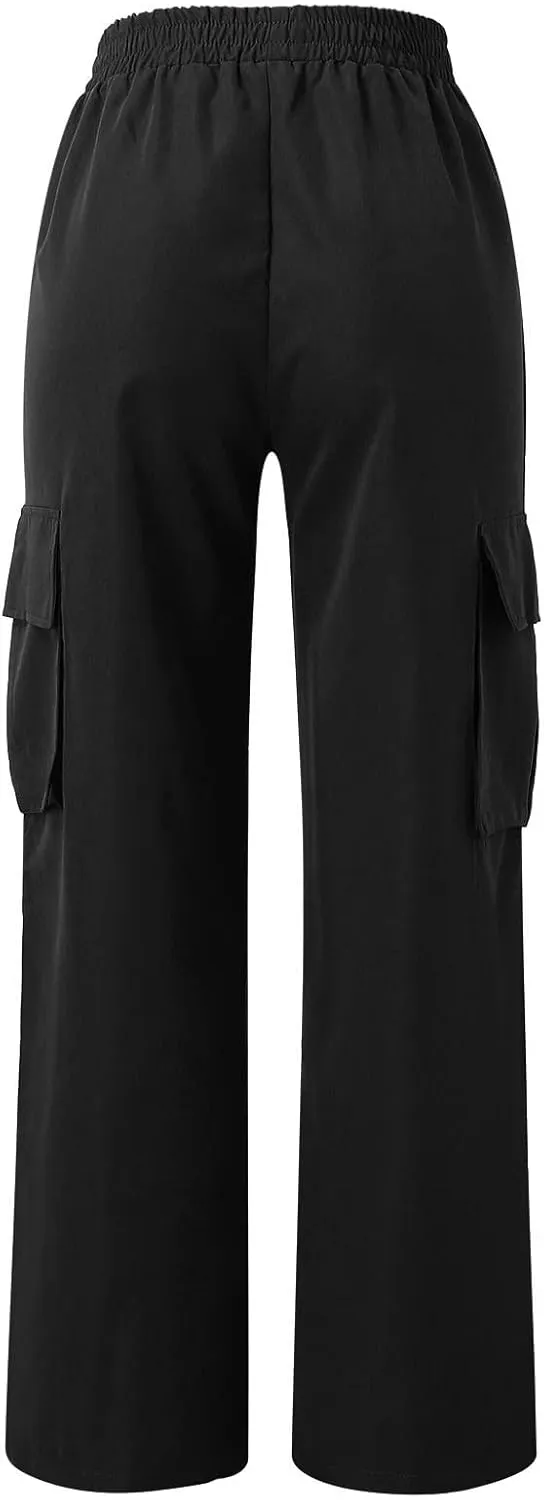 High Waisted Cargo Pants Women Elastic Waist Straight Wide Leg Trousers with Pockets Solid Color Casual Work Pants Plus Size