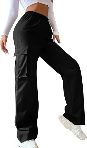 High Waisted Cargo Pants Women Elastic Waist Straight Wide Leg Trousers with Pockets Solid Color Casual Work Pants Plus Size