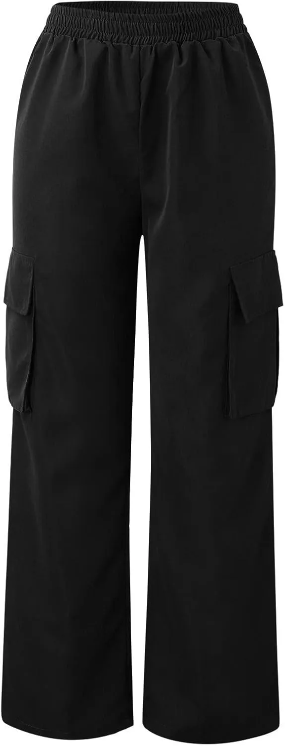 High Waisted Cargo Pants Women Elastic Waist Straight Wide Leg Trousers with Pockets Solid Color Casual Work Pants Plus Size