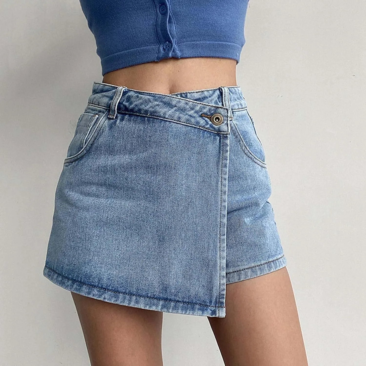 High Waisted Jean Shorts Women Casual Y2K Button Up Asymmetrical Denim Skort Skirt Trendy Baggy Shorts