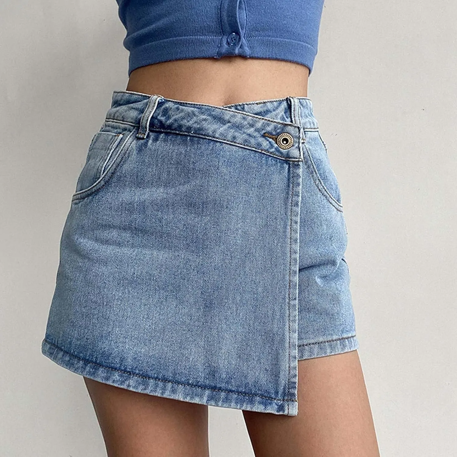 High Waisted Jean Shorts Women Casual Y2K Button Up Asymmetrical Denim Skort Skirt Trendy Baggy Shorts