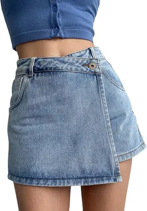 High Waisted Jean Shorts Women Casual Y2K Button Up Asymmetrical Denim Skort Skirt Trendy Baggy Shorts
