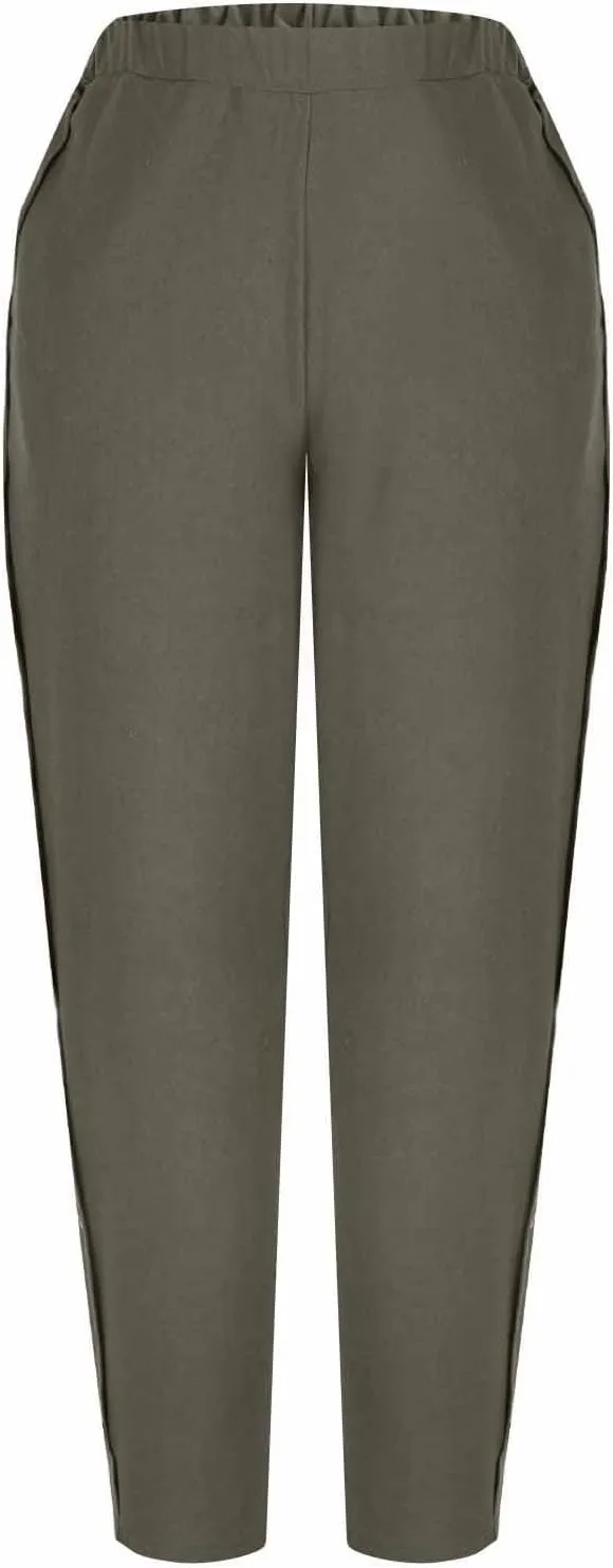 High Waisted Pants for Women Casual Linen Slacks Loose Wide Leg Trousers Side Button Elastic Waist Straight Pants