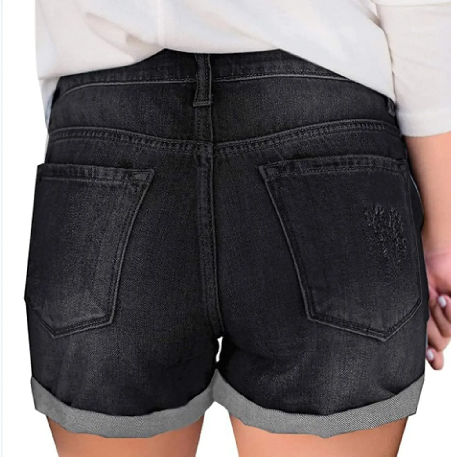 High Waisted Stretchy Buttoned Women Denim Shorts Ripped Denim Shorts Skinny Destroyed Jeans with Pockets