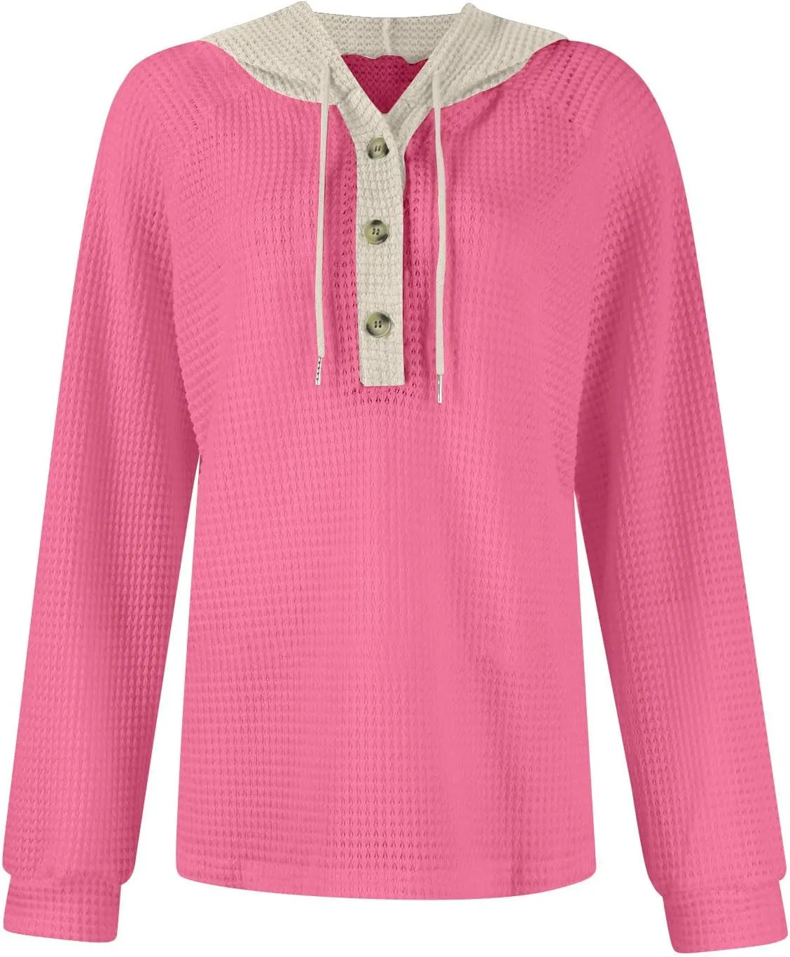 Hoodies for Women Oversized Waffle Knit Casual Lightweight Sweatshirts Drawstring Button V Neck Long Sleeve Tops