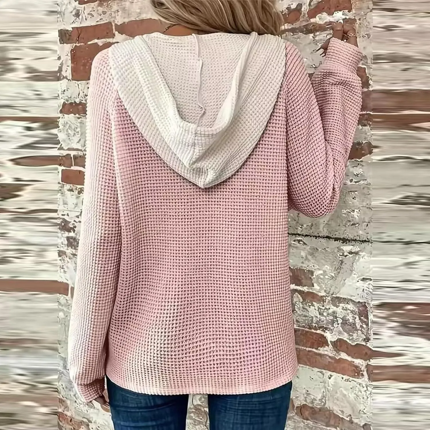 Hoodies for Women Oversized Waffle Knit Casual Lightweight Sweatshirts Drawstring Button V Neck Long Sleeve Tops