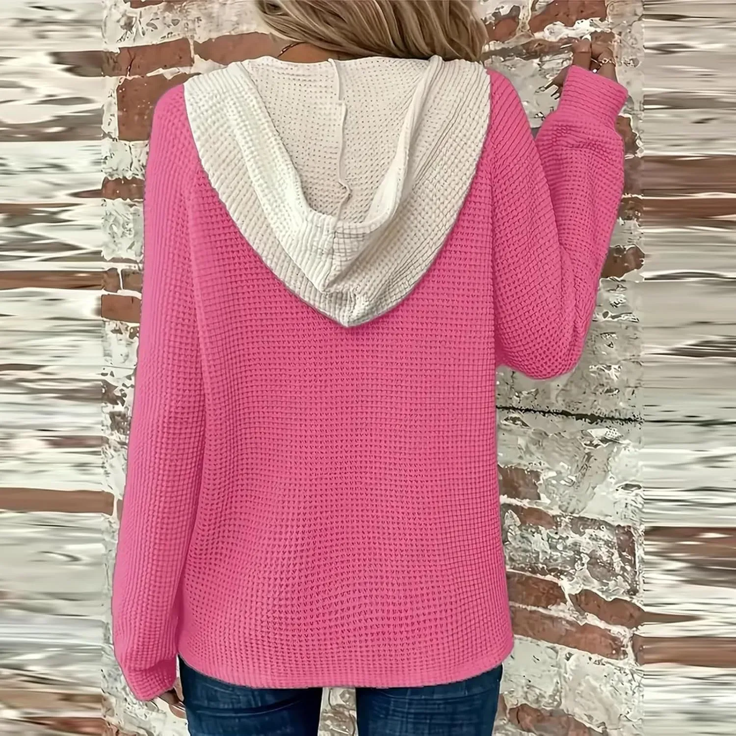 Hoodies for Women Oversized Waffle Knit Casual Lightweight Sweatshirts Drawstring Button V Neck Long Sleeve Tops