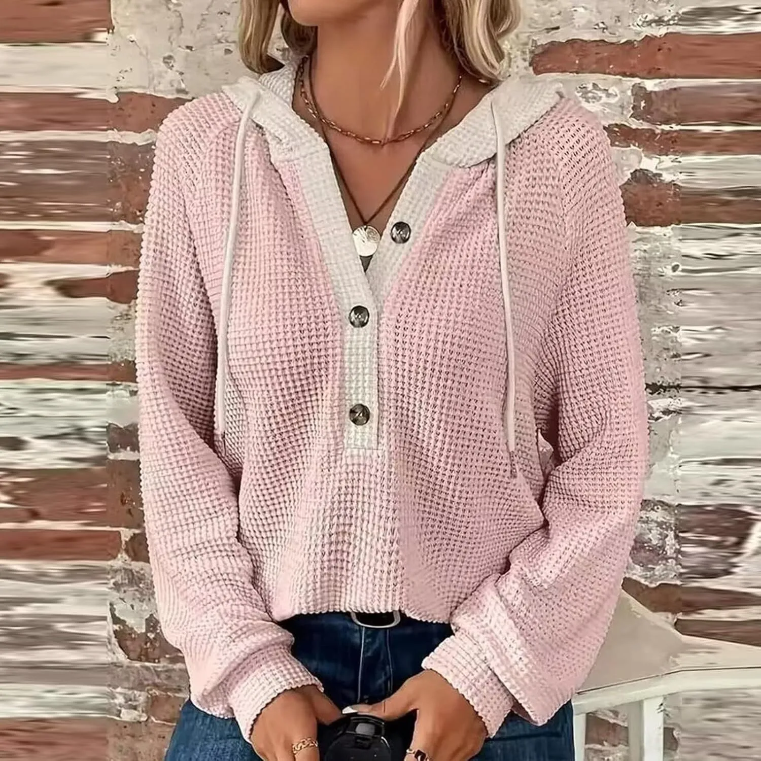 Hoodies for Women Oversized Waffle Knit Casual Lightweight Sweatshirts Drawstring Button V Neck Long Sleeve Tops
