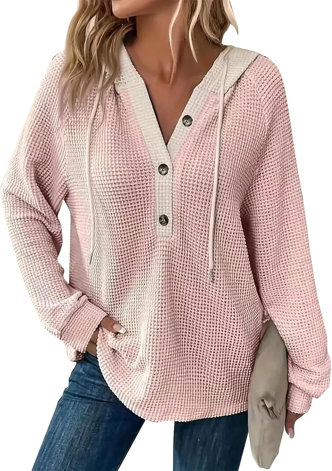 Hoodies for Women Oversized Waffle Knit Casual Lightweight Sweatshirts Drawstring Button V Neck Long Sleeve Tops