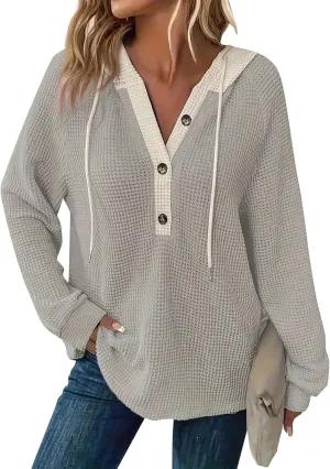 Hoodies for Women Oversized Waffle Knit Casual Lightweight Sweatshirts Drawstring Button V Neck Long Sleeve Tops