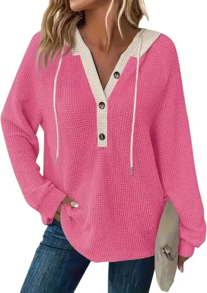 Hoodies for Women Oversized Waffle Knit Casual Lightweight Sweatshirts Drawstring Button V Neck Long Sleeve Tops
