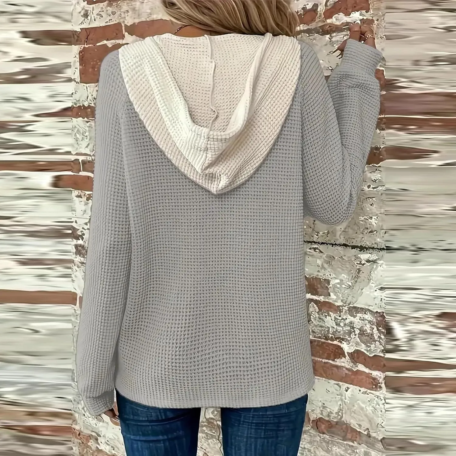 Hoodies for Women Oversized Waffle Knit Casual Lightweight Sweatshirts Drawstring Button V Neck Long Sleeve Tops